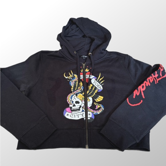 Ed Hardy black new york city Nyc Skull Cropped Hoodie size Large NWT - Picture 3 of 7